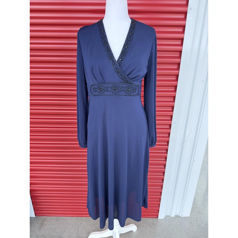 Talbots Dress Womens 14P Blue Beaded Long Sleeve Wrap Jersey Maxi Petite